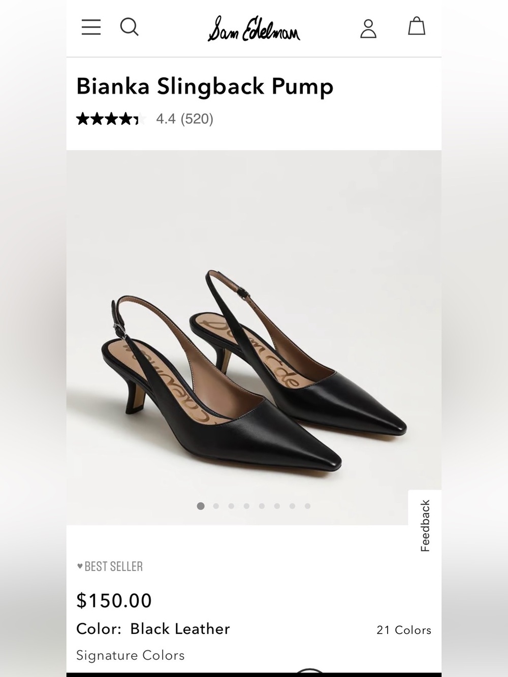 Sam Edelman Black Pointed Toe Slingback Pump with Adjustable Strap